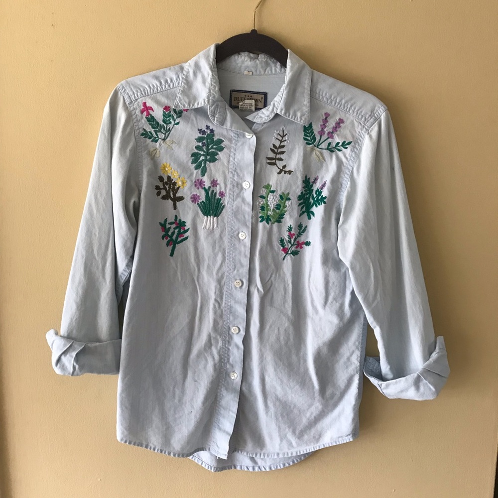 Vintage ruff hewn denim embroidered flowers